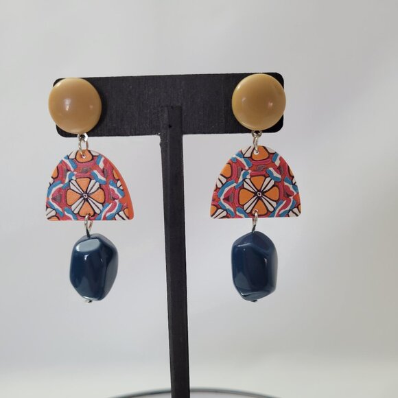 Handcrafted Blue Stone and Painted Clay Earrings - Picture 1 of 2